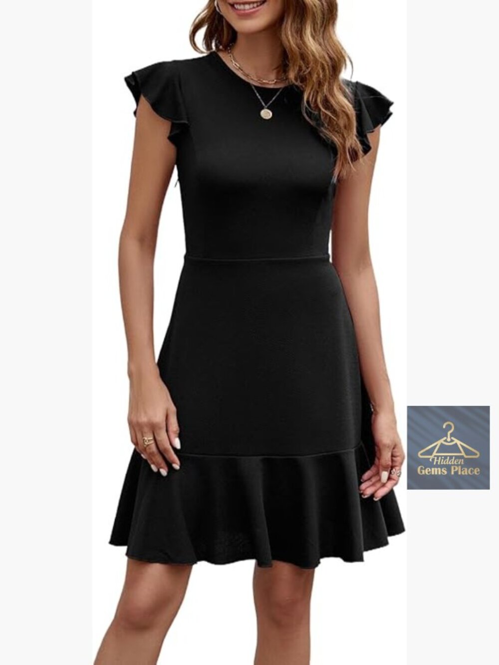 Fit and Flare A-Line Dress with Ruffle Sleeves and Hem, Above Knee Length